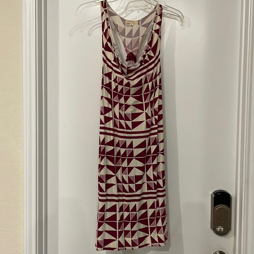Midi Geometric ecoskin cowl neck dress in red and off white